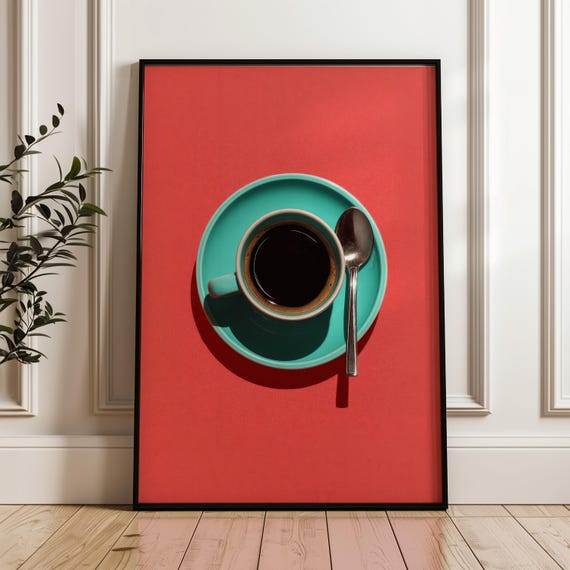 Turquoise Coffee Cup Wall Print Red Background
