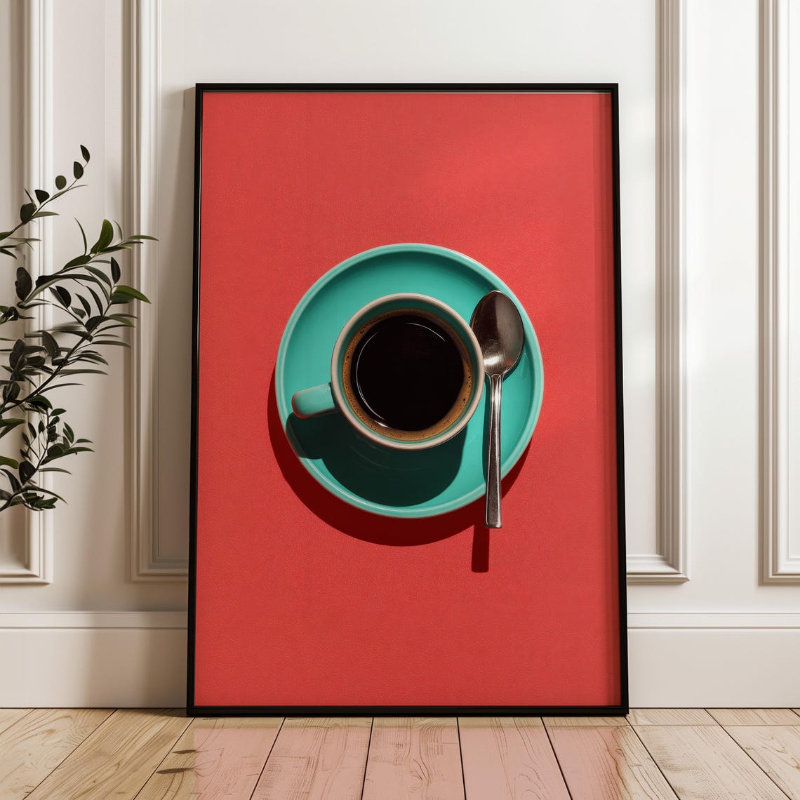 Turquoise Coffee Cup On Coral Red Bold Minimal Kitchen Art Print