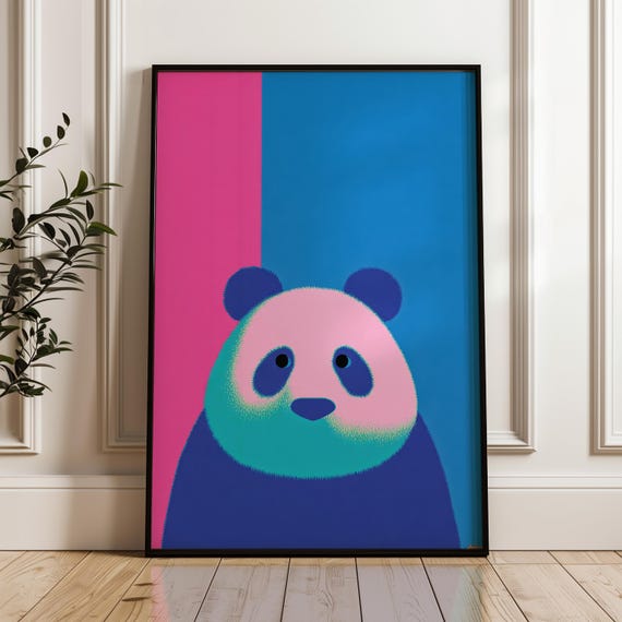 Minimal Panda Art Print Modern Pop Poster Blue And Pink Wall Decor Playful Home