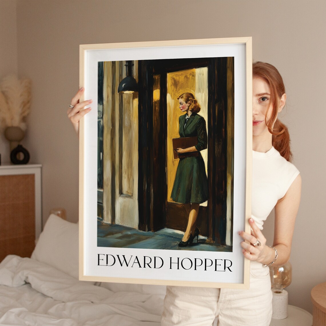 Edward Hopper Style Woman in Green Dress Doorway Night Scene Poster