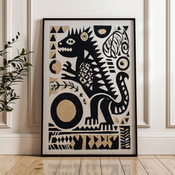 Black Gold Spiky Beast Mythical Creature Tribal Folk Art Poster