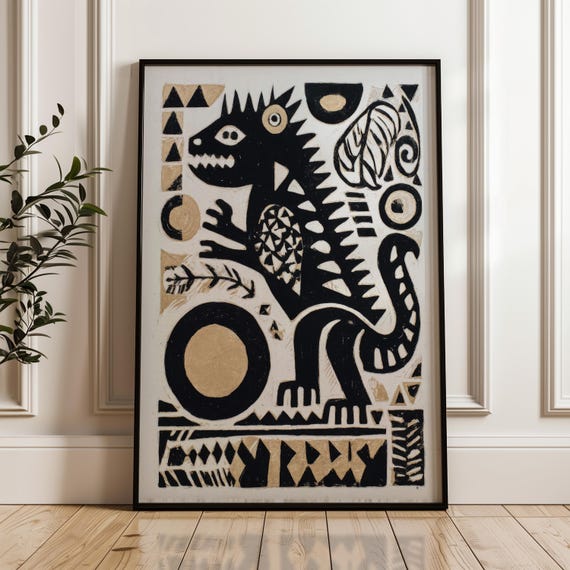 Stylized Animal Poster Black And Gold On Beige Abstract Geometric Folk Art Print