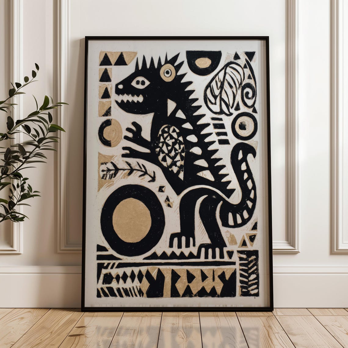 Black Gold Spiky Beast Mythical Creature Tribal Folk Art Poster