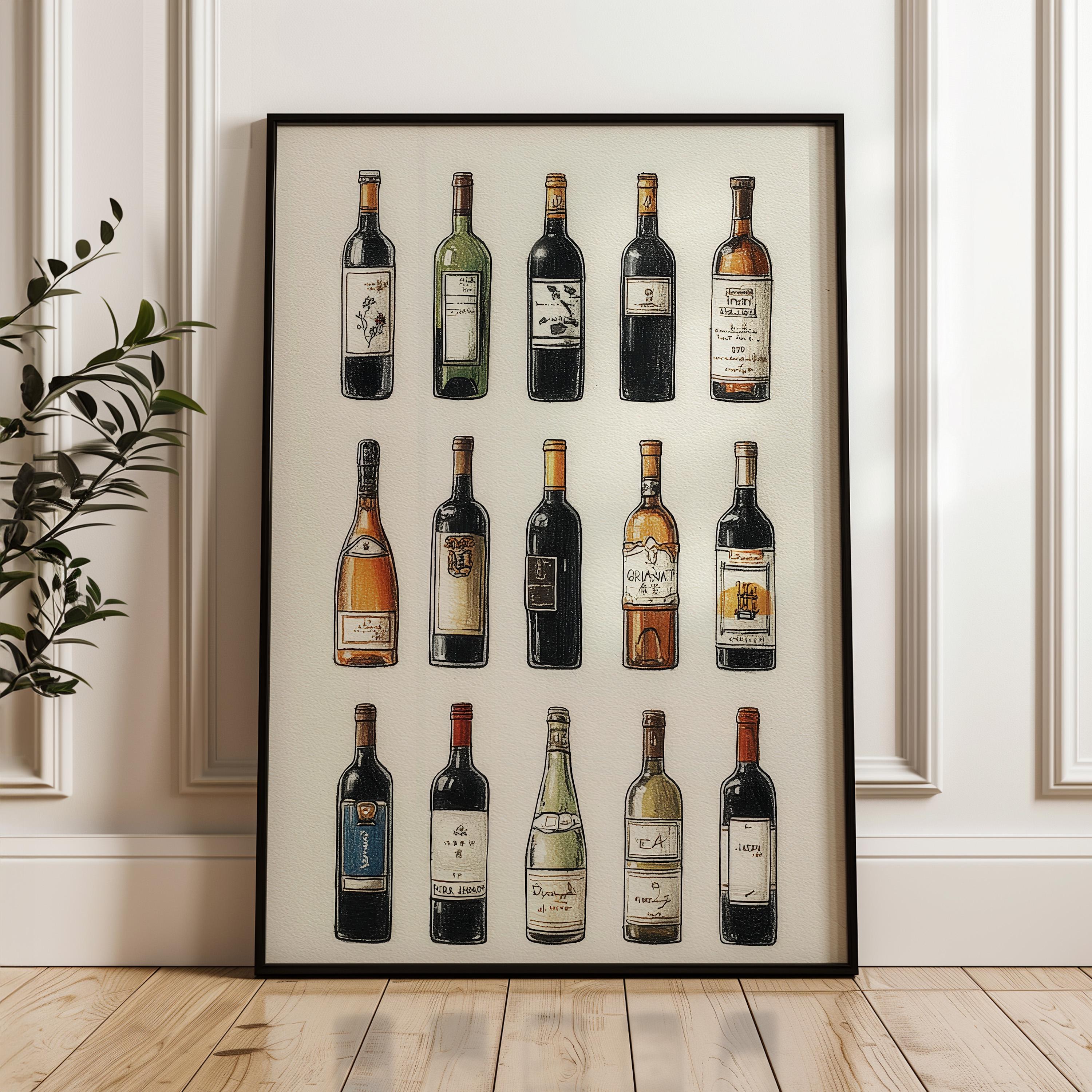 Handdrawn Wine Bottle Collection Vintage Chart Red White Rose Kitchen Art Poster