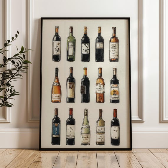 Wine Selection Art Poster Handdrawn Bottles Illustration Print On Matte Paper