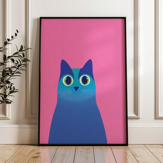 Blue Cat Face On Pink Background Minimal Pop Art Cat Lover Poster