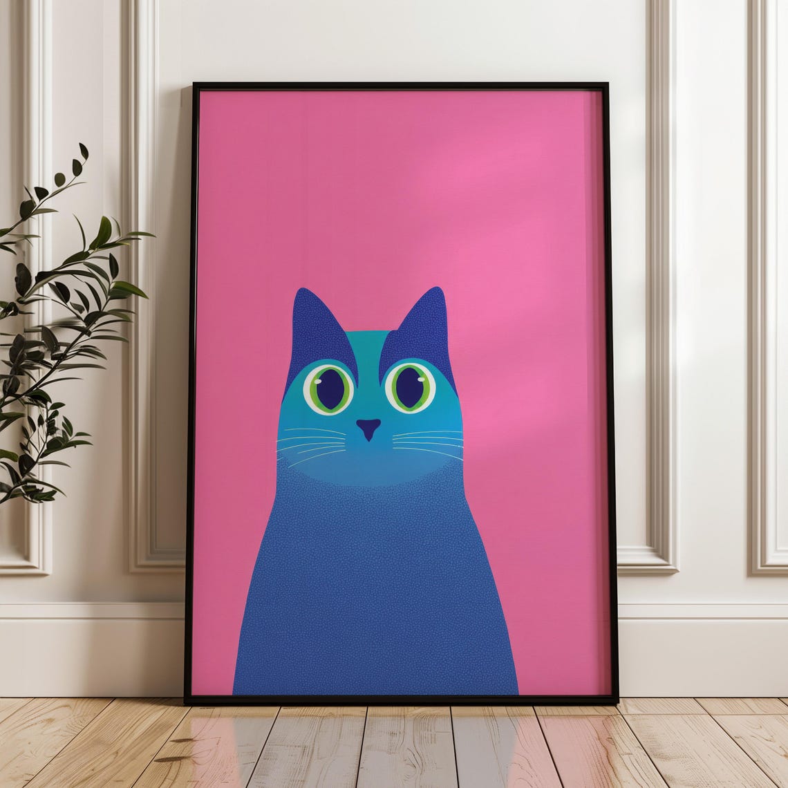 Blue Cat Face On Pink Background Minimal Pop Art Cat Lover Poster