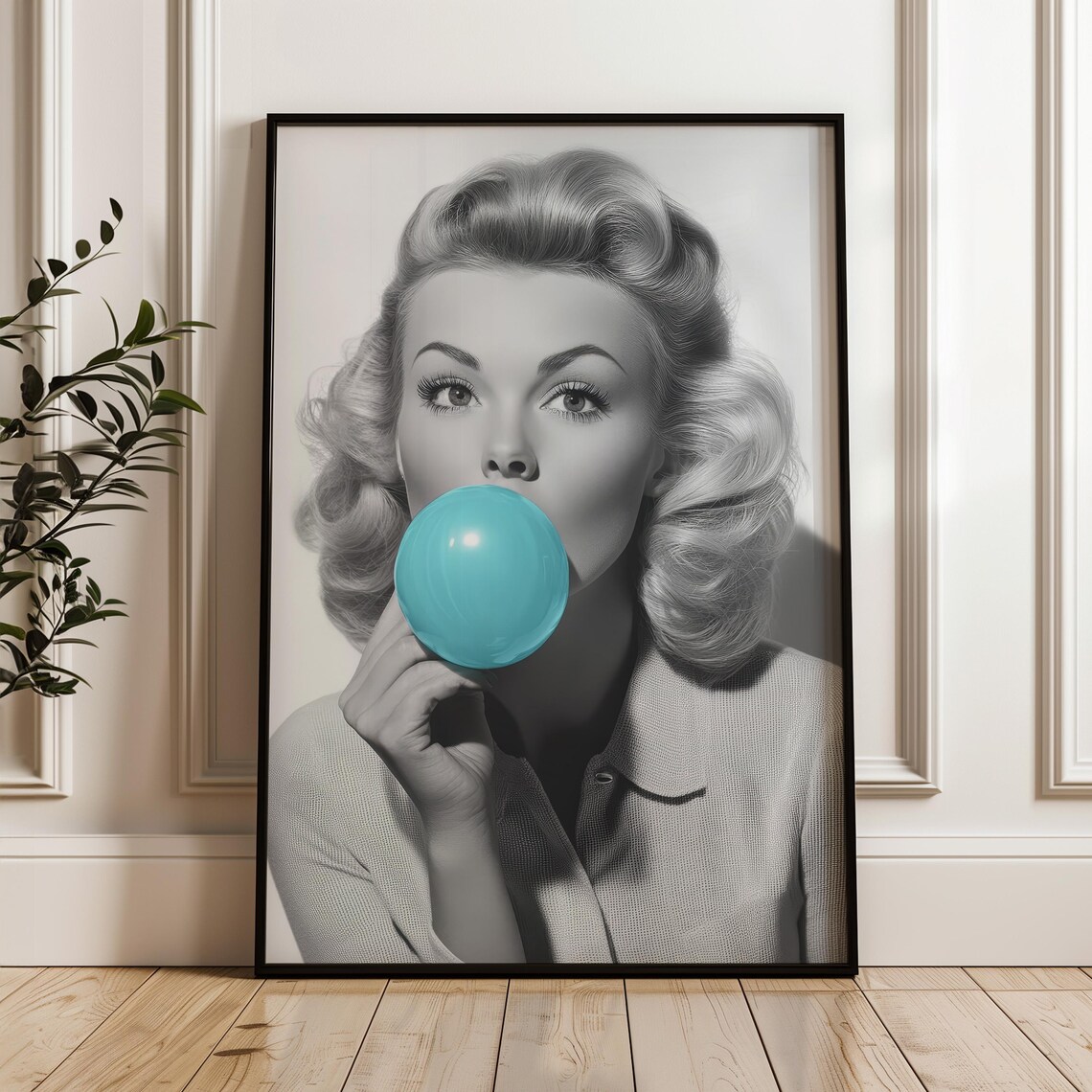 Vintage Blonde Woman Blowing Blue Bubblegum Black And White Poster