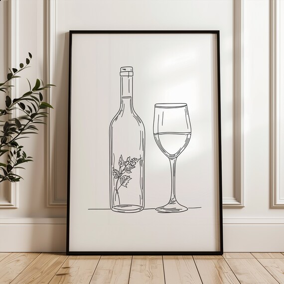 Wine Bottle and Glass Minimalist Black Line Art Dining Room Poster