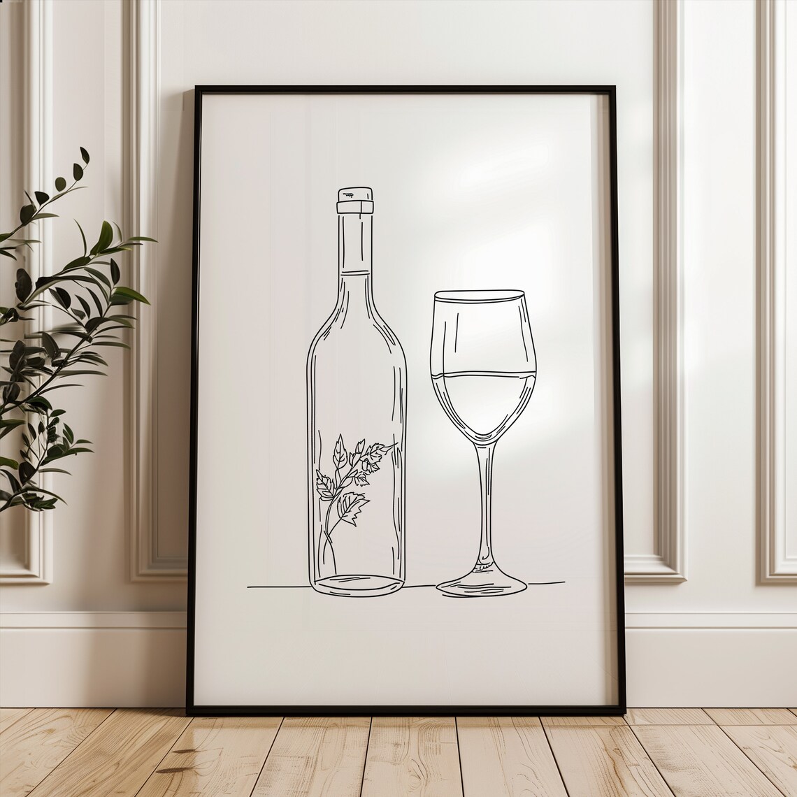 Wine Bottle and Glass Minimalist Black Line Art Dining Room Poster