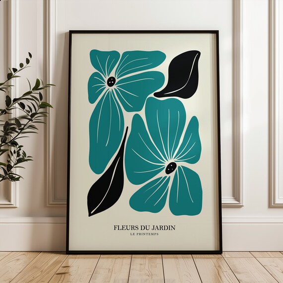Fleurs du Jardin Teal Floral Matisse Style Spring Exhibition Art Poster