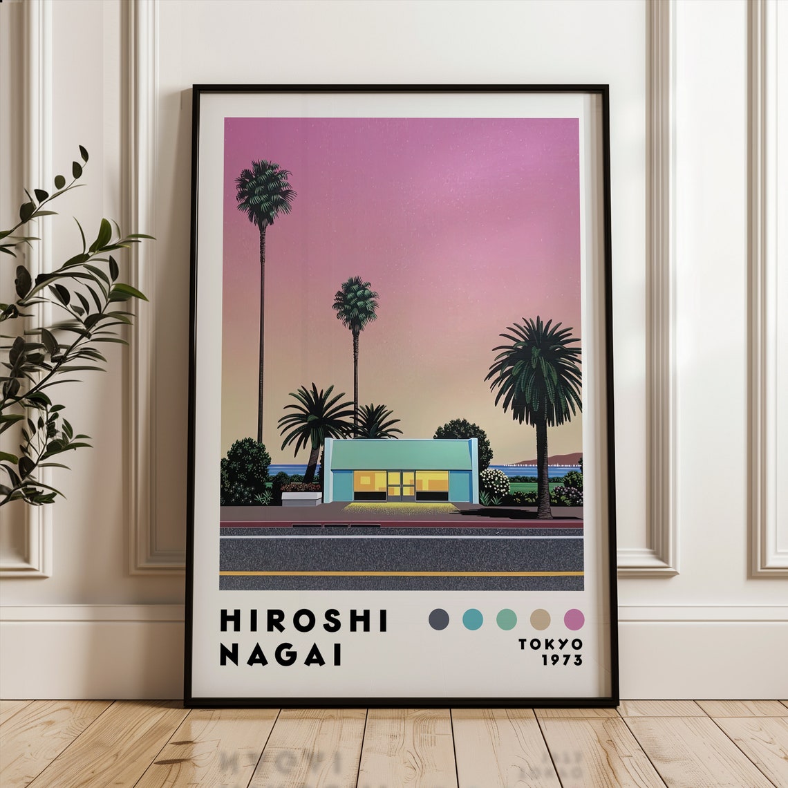 Hiroshi Nagai Pink Sunset Roadside Diner Palms Ocean Retro Poster