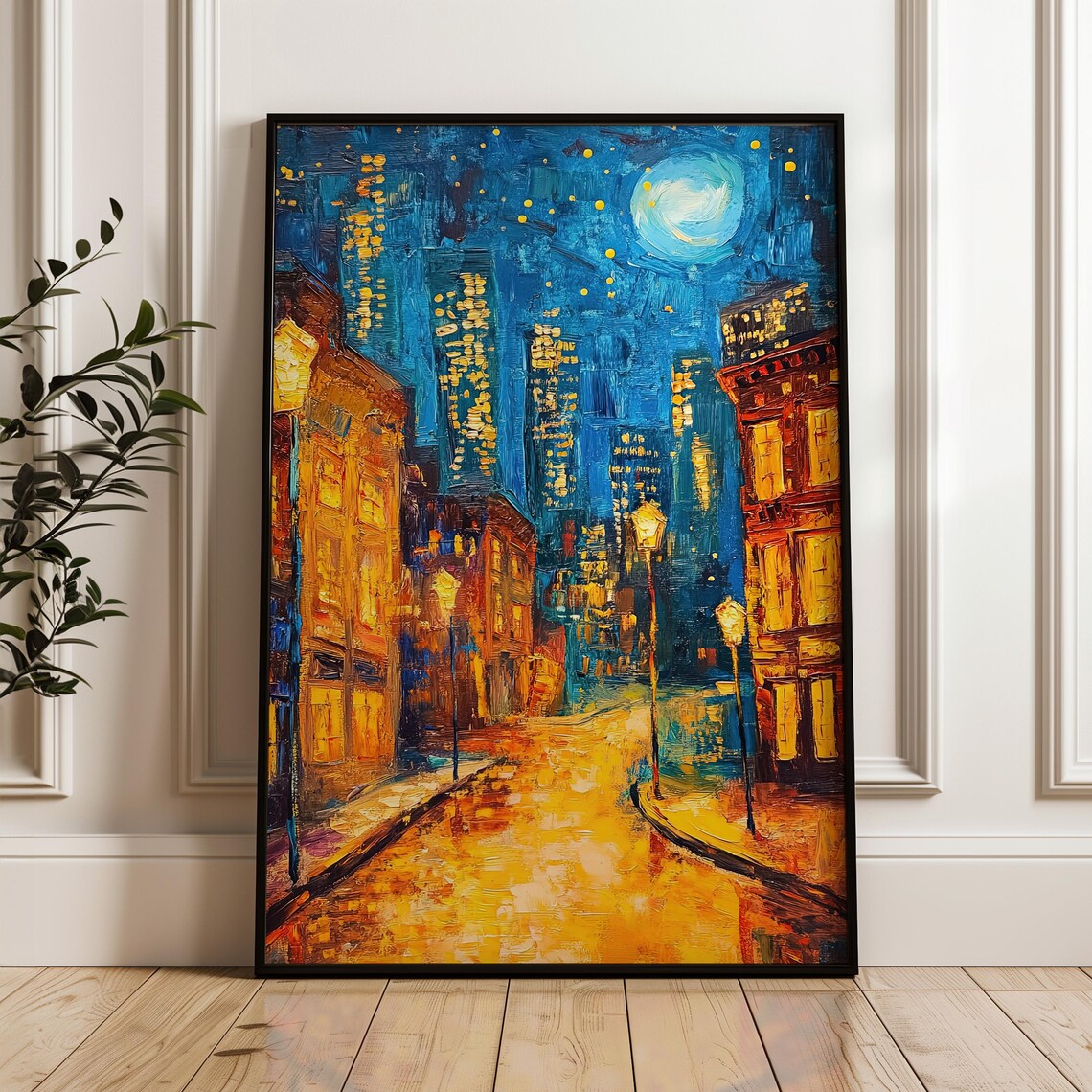 Night City Street Expressionist Oil Painting Moonlit Urban Poster