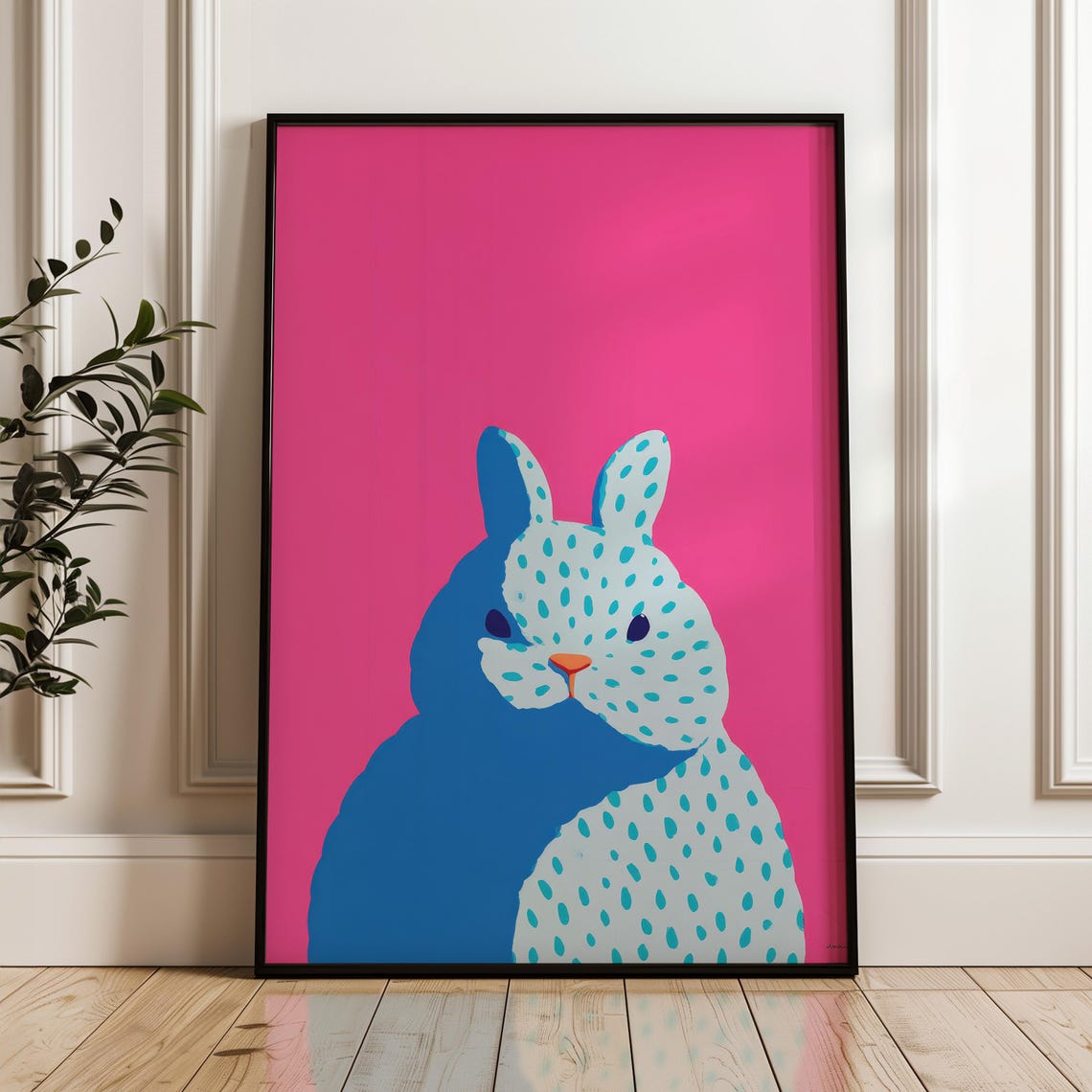 Spotted Blue Bunny Hot Pink Background Minimalist Pop Art Poster