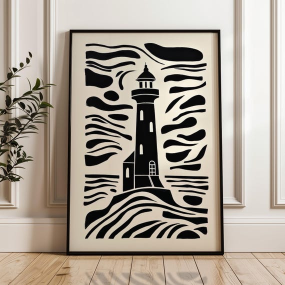 Minimalist Lighthouse Poster Black And Beige Print Modern Organic Wall Art Scandinavian Home