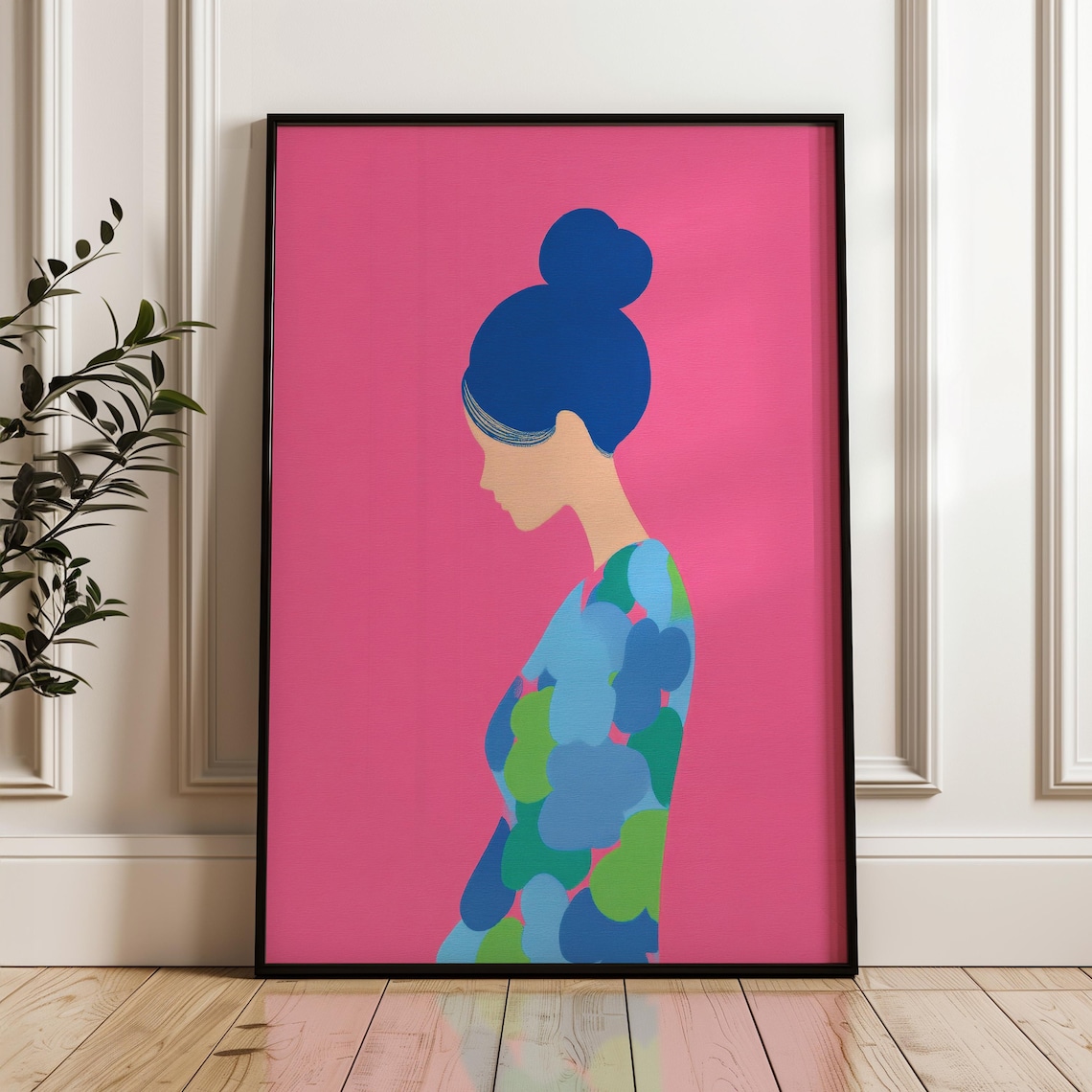 Minimalist Woman Profile Blue Bun Floral Dress Pink Background Print