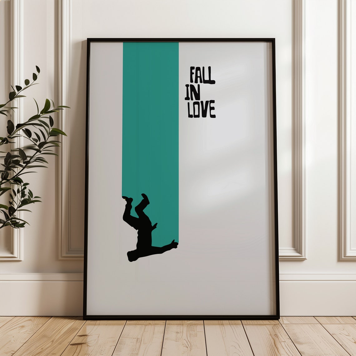 Fall In Love Minimalist Teal Stripe Silhouette Romantic Quote Poster