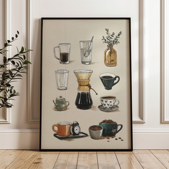 Coffee Lovers Chart Handdrawn Chemex Mugs Alarm Clock Kitchen Morning Art Poster
