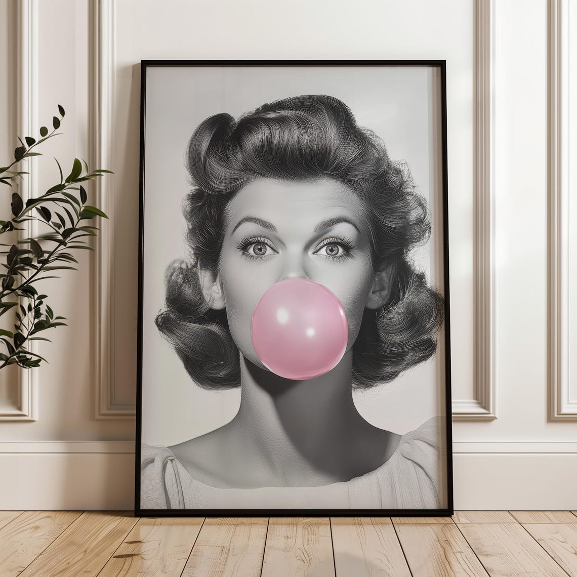 Retro 1950s Woman Blowing Pink Bubblegum Black And White Poster