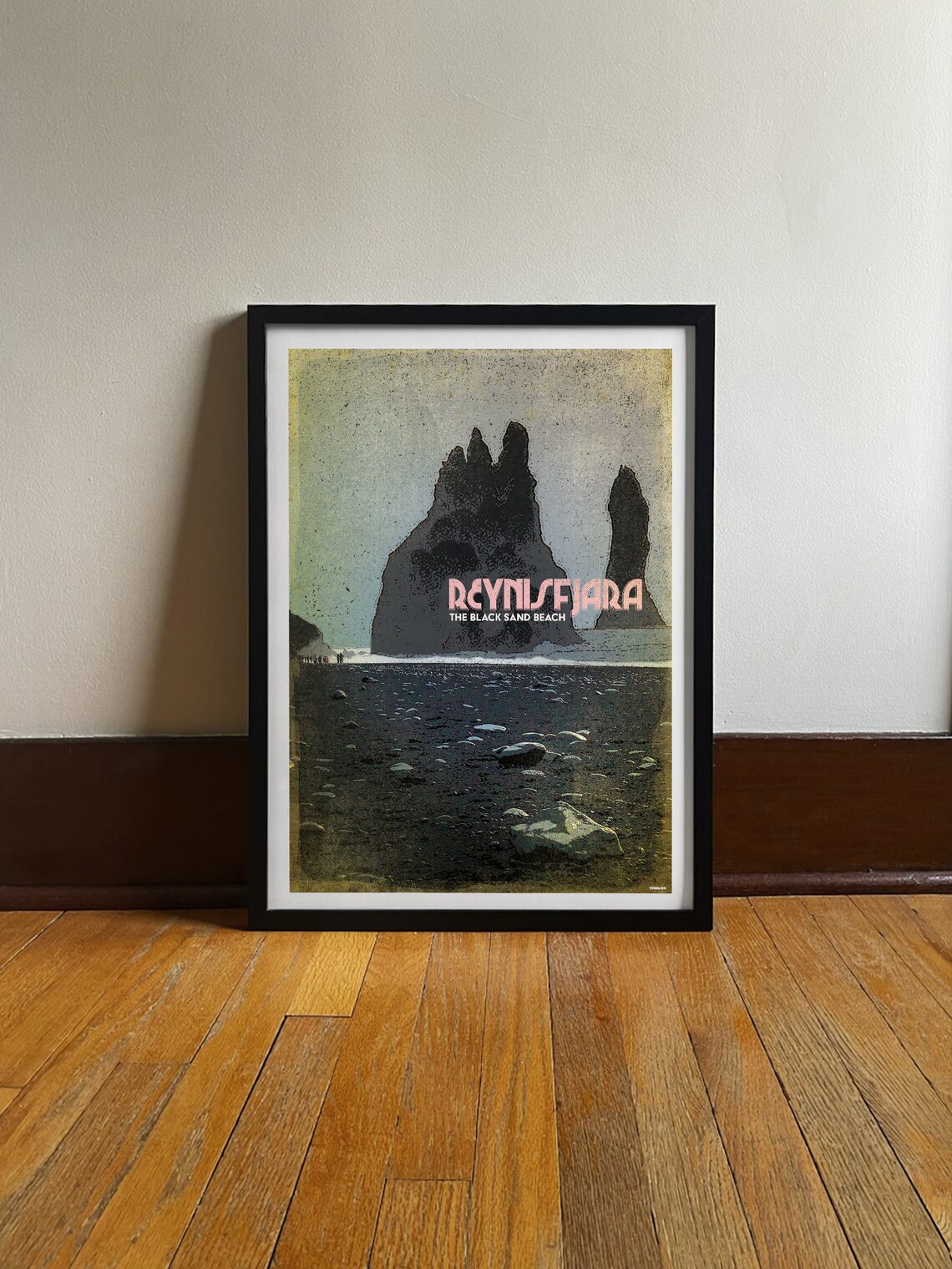 Reynisfjara Iceland Black Sand Beach Sea Stacks Vintage Travel Poster