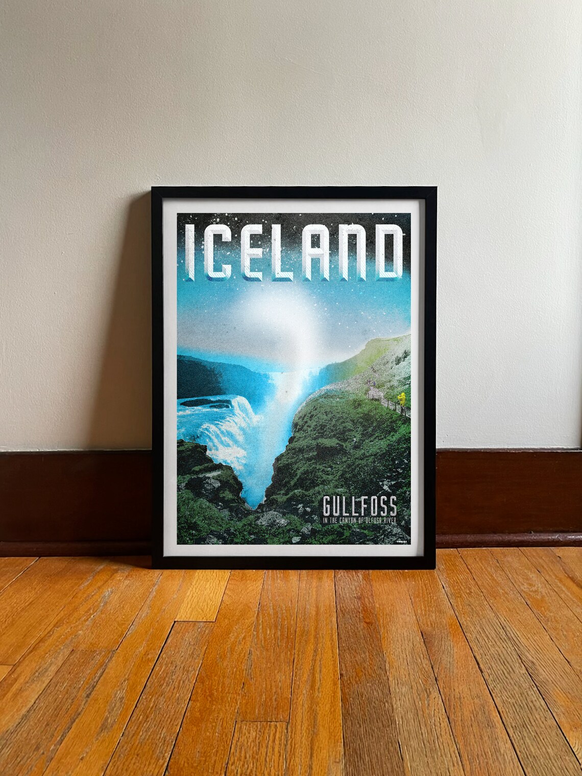 Iceland Gullfoss Waterfall Canyon Mist Vintage Travel Poster Art