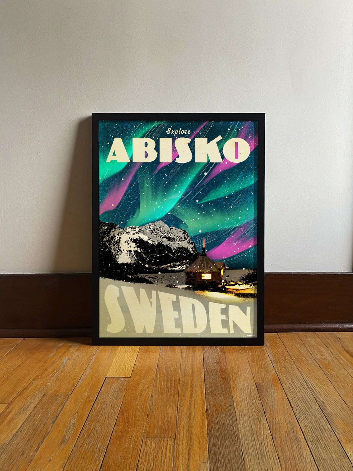 Abisko Sweden Aurora Borealis Mountain Cabin Vintage Travel Poster