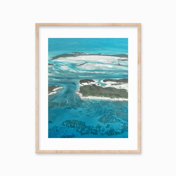 Aerial Bahamas Out Islands Wall Art Print Ocean Water Photo Abstract Large Poster Beach Art Print Watercolor