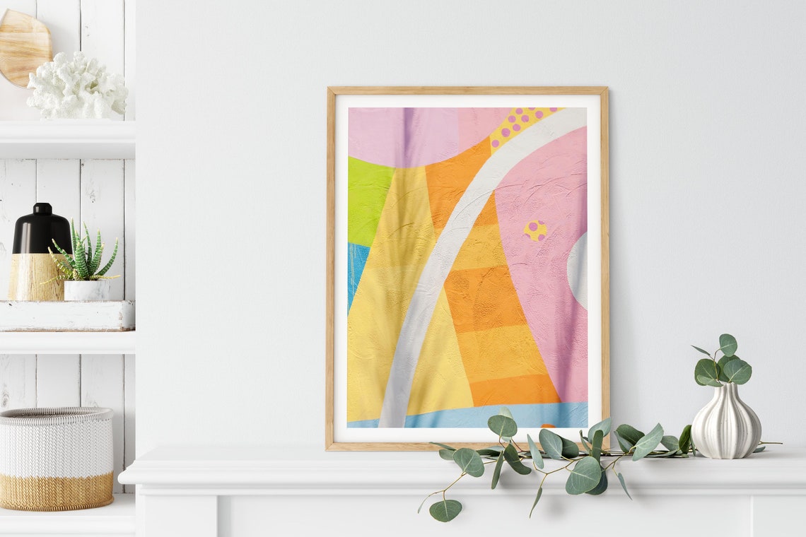 Pink and Orange Abstract Curved Geometric Painted Mural Poster - Image 3