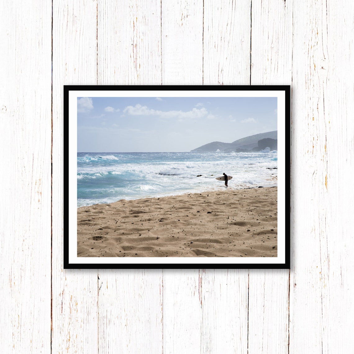 Surfer Holding Surfboard on Sandy Beach Ocean Waves Photography Poster - Image 2