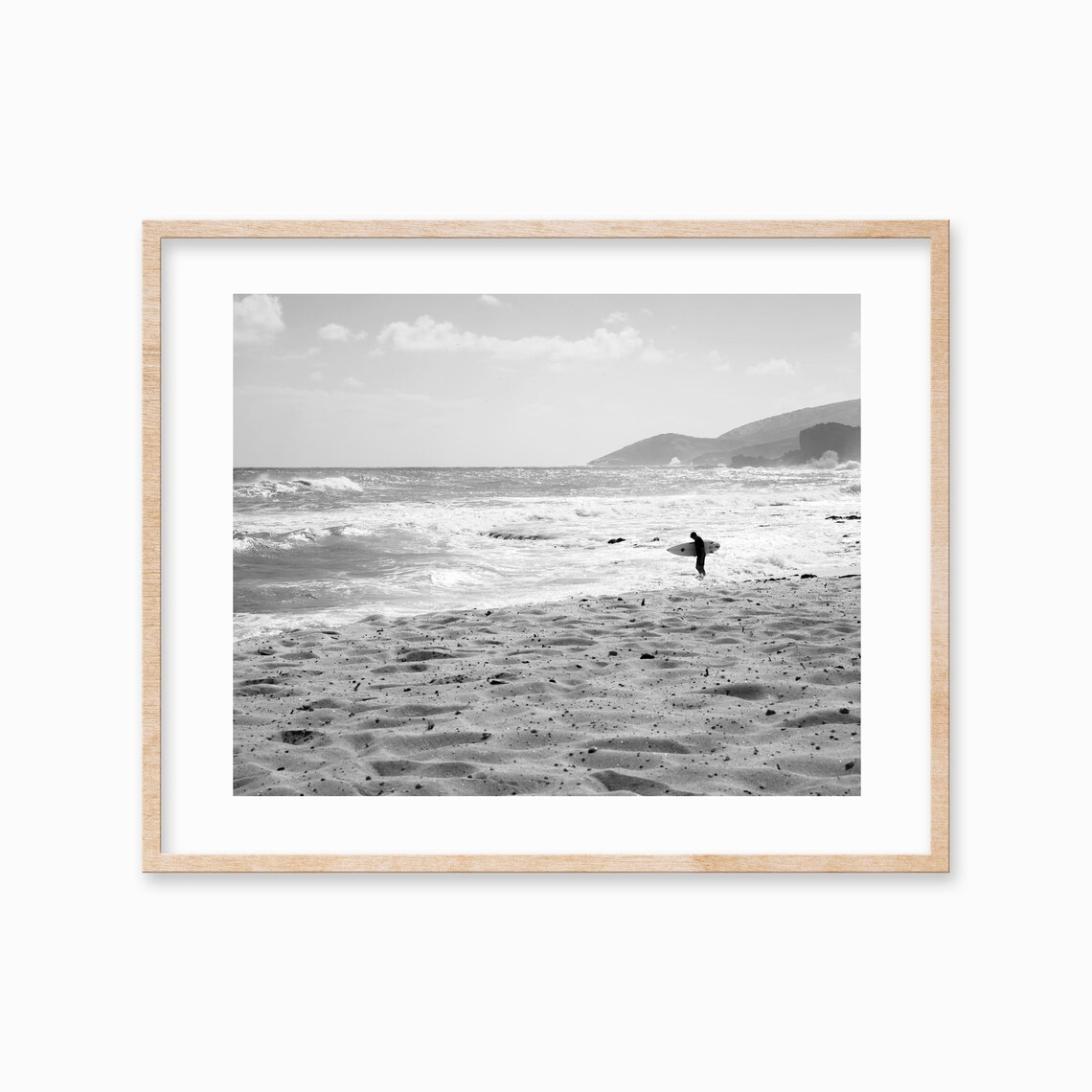 Black and White Surfer on Beach Holding Surfboard Photography Poster