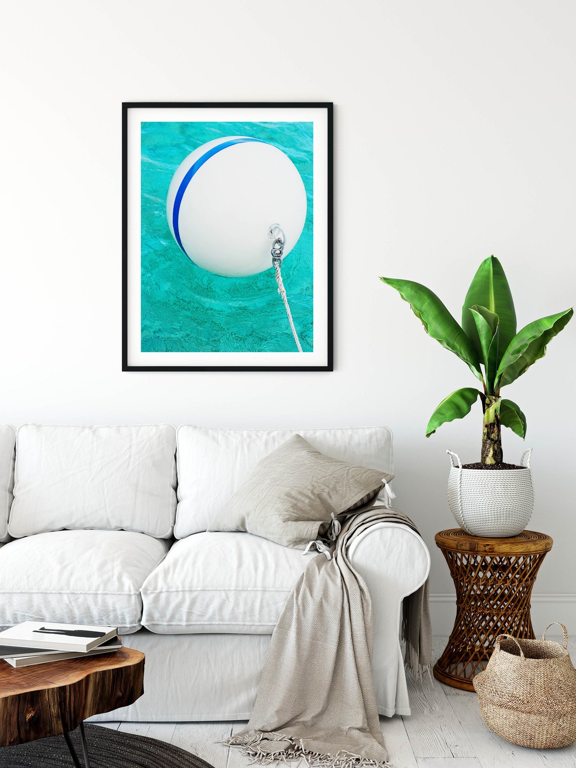 White Buoy with Blue Stripe Floating on Turquoise Water Poster - Image 3
