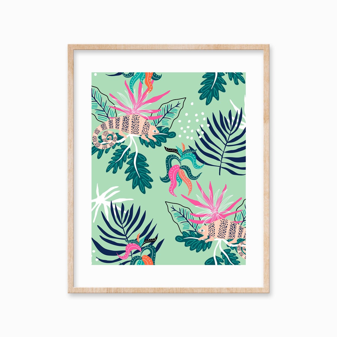 Playful Chameleon Illustration with Tropical Leaves on Green Poster