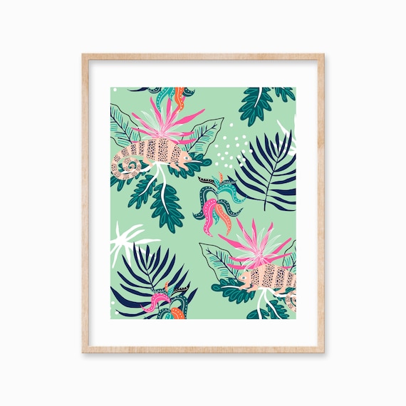 Abstract Exotic Flowers Iguana Wall Decor Tropical Leaves Nature Art Beach Wall Art Trendy Gifts For Her