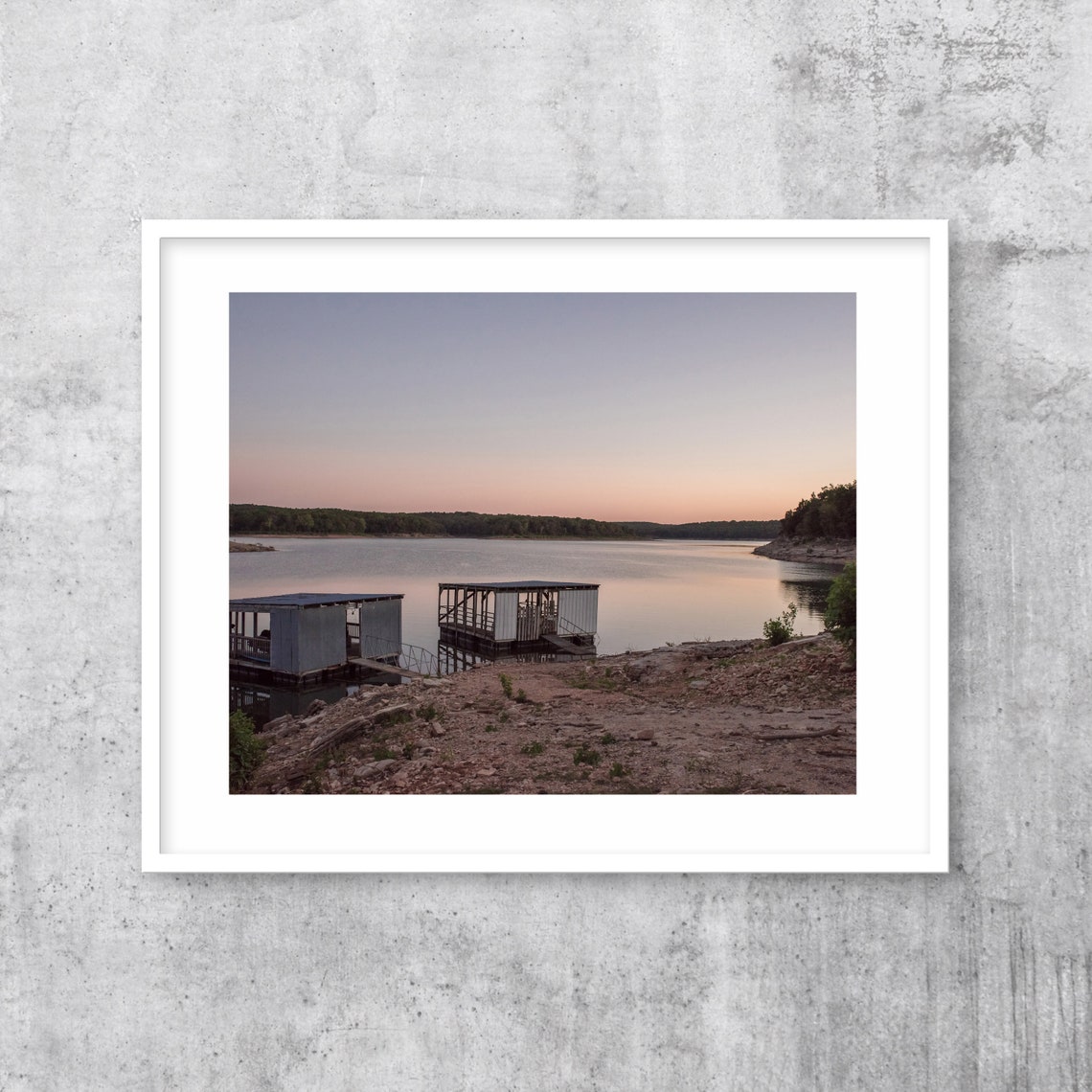 Rustic Boathouses at Sunset Over Calm Lake Water Photography Poster - Image 3