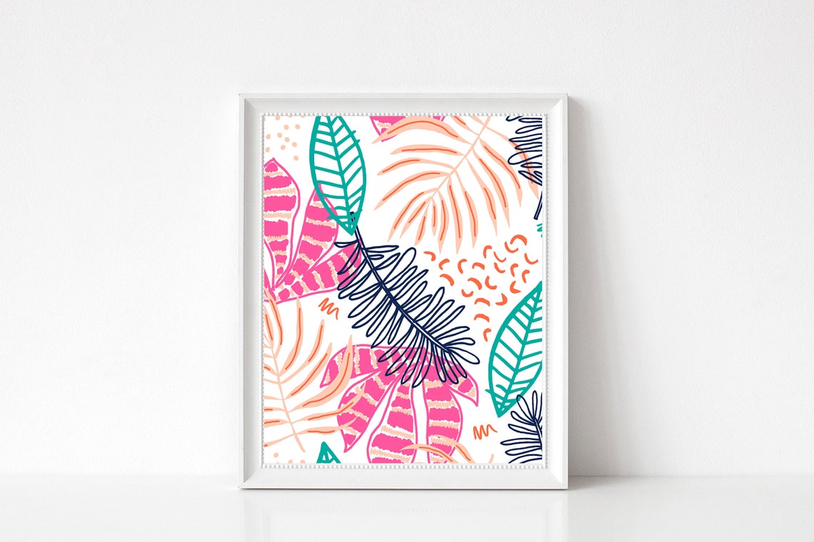 Hand Drawn Tropical Palm Leaf Pattern in Pink and Teal Poster - Image 3