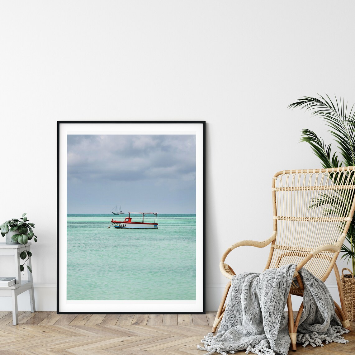 Red A13 Fishing Boat Floating on Calm Turquoise Ocean Sea Poster - Image 3