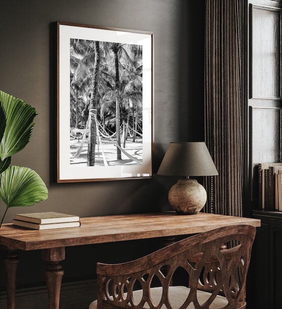 Black And White Palm Tree Print Tropical Decor Beach Palm Leaves Hammock Print Palm Tree Wall Art Wall Art Boho