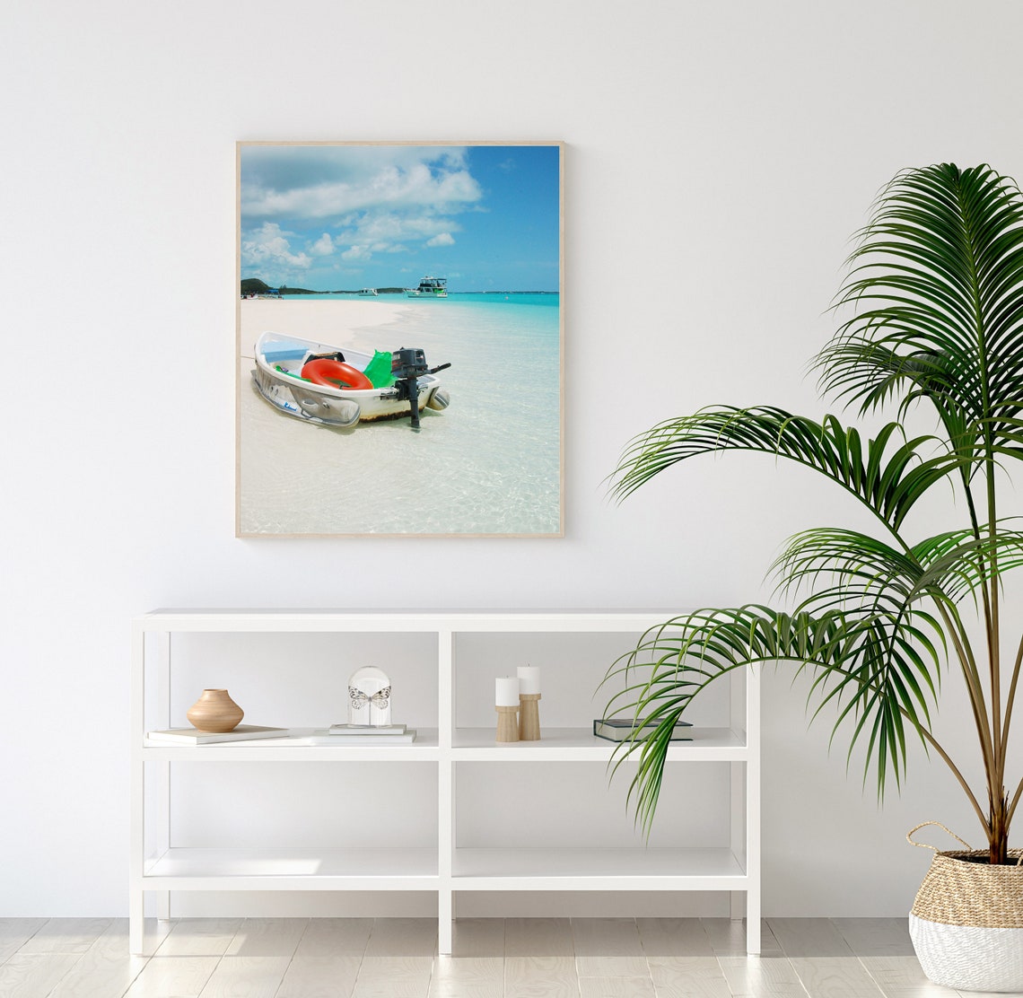 Small Motorboat Resting on a White Sandbar in Clear Water Poster