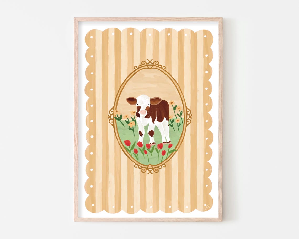 Baby Cow Cottage Core, Cute Animal Nursery Decor