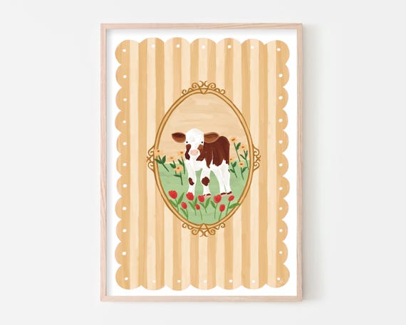 Baby Cow Cottage Core, Cute Animal Nursery Decor