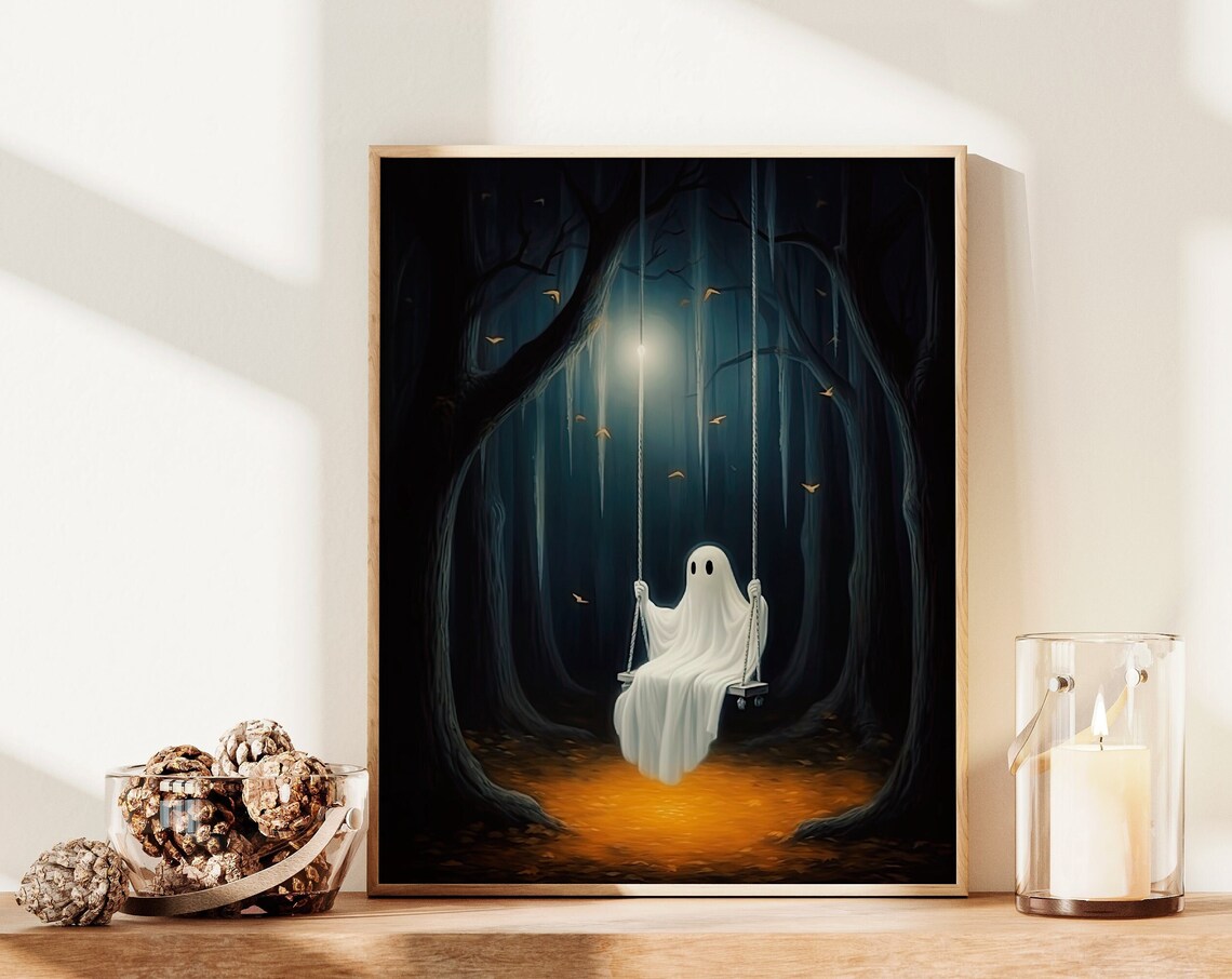 Lonely Ghost Sitting on Swing in Dark Moonlit Forest Halloween Art Poster - Image 3