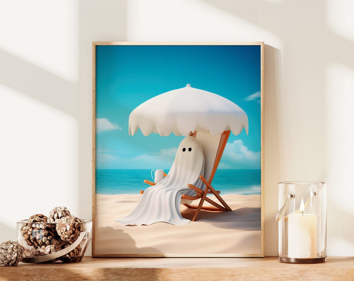 Cute Ghost Relaxing on Beach Chair Under Umbrella Coastal Wall Poster - Image 2