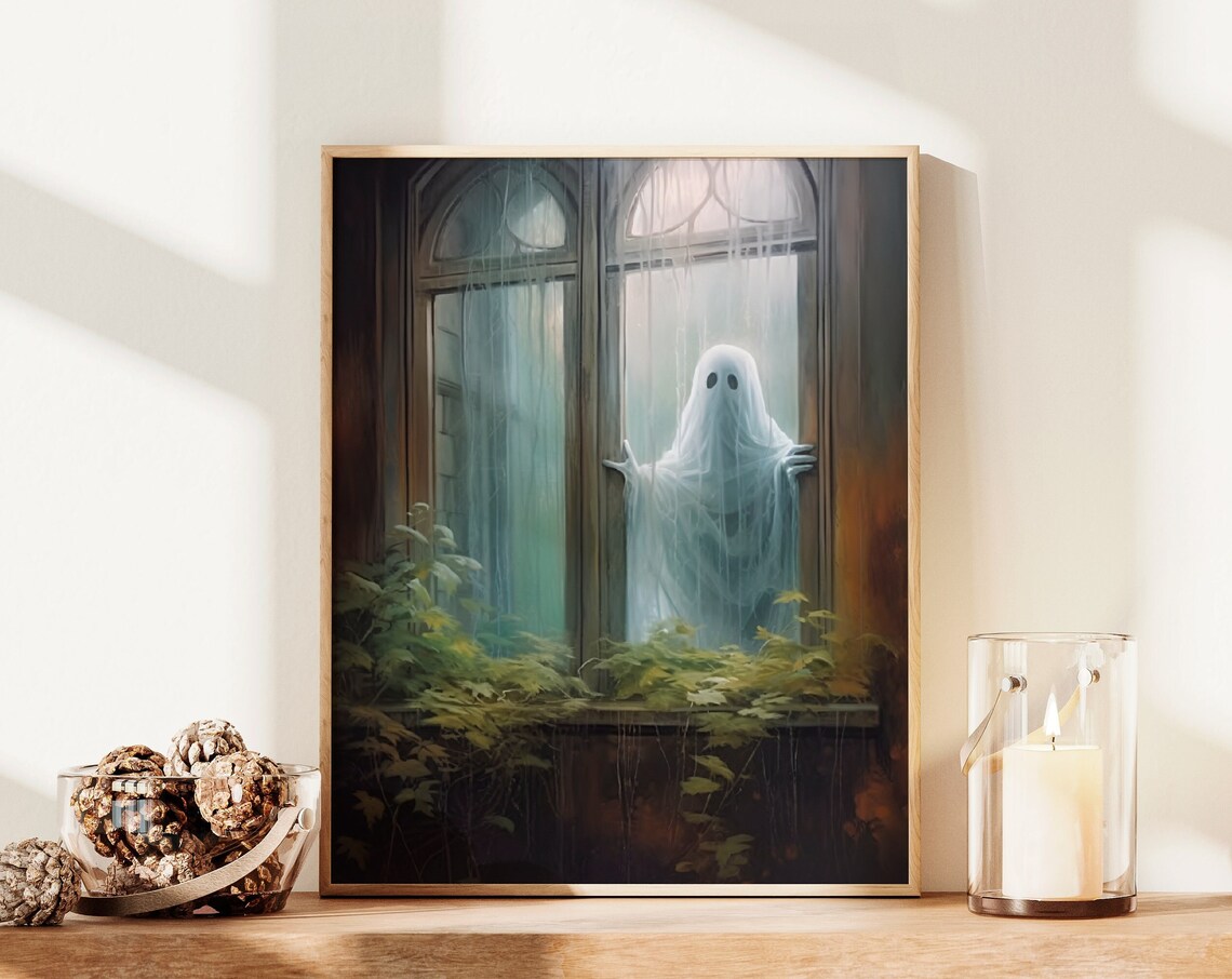 Ghost Peeking Through Rainy Window Ferns Moody Halloween Wall Poster - Image 2