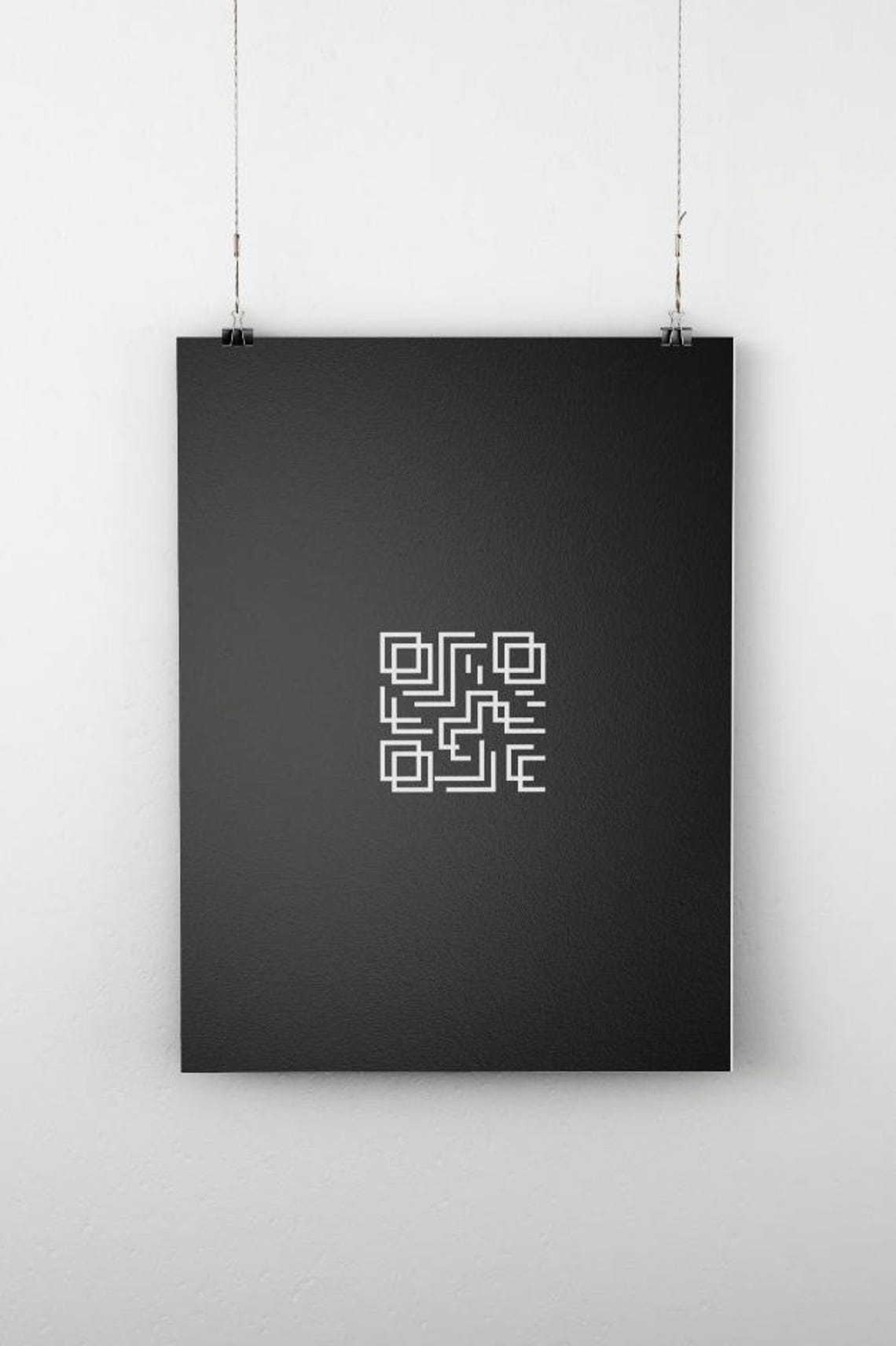Geometric QR Maze Line Art on Black Abstract Tech Minimalism Poster