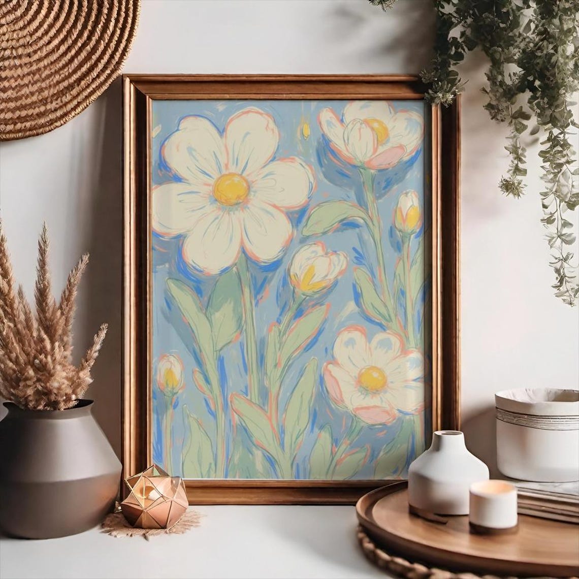 White Daisies With Yellow Centers on Blue Textured Botanical Poster