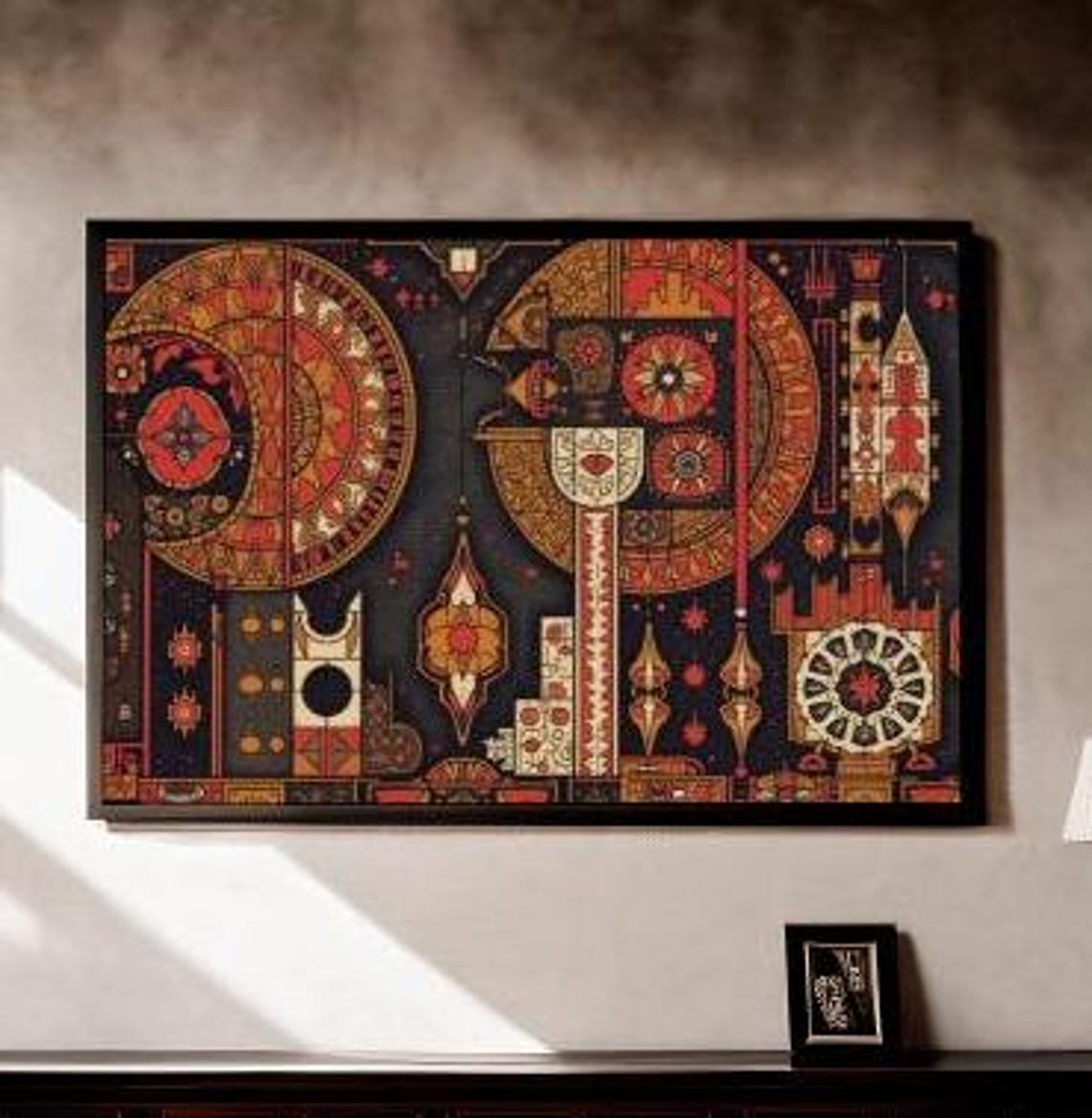 Ornate Red Gold Mandala Medallions on Midnight Navy Jewel Art Poster