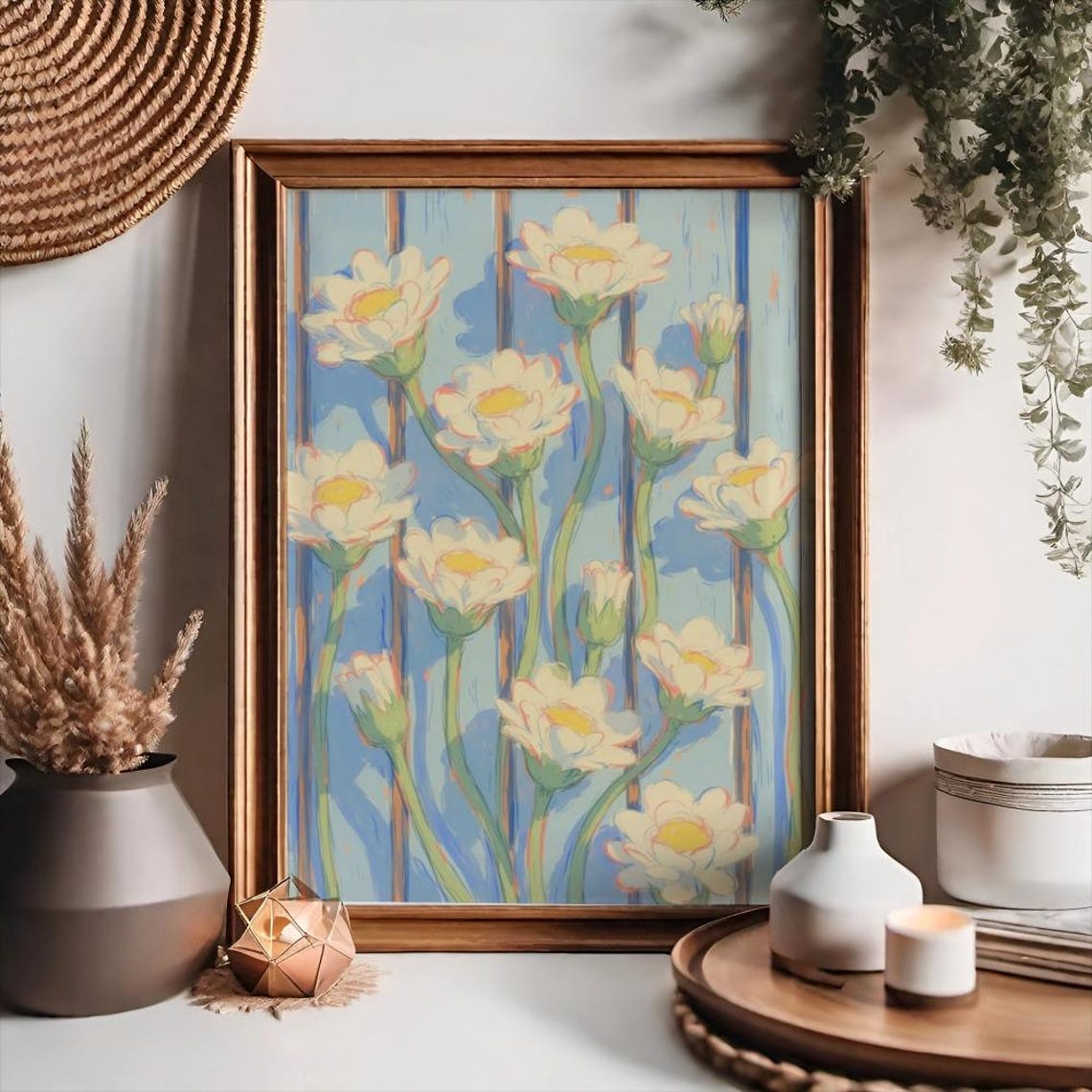 White Pink Blossoms on Striped Blue Background Floral Art Poster
