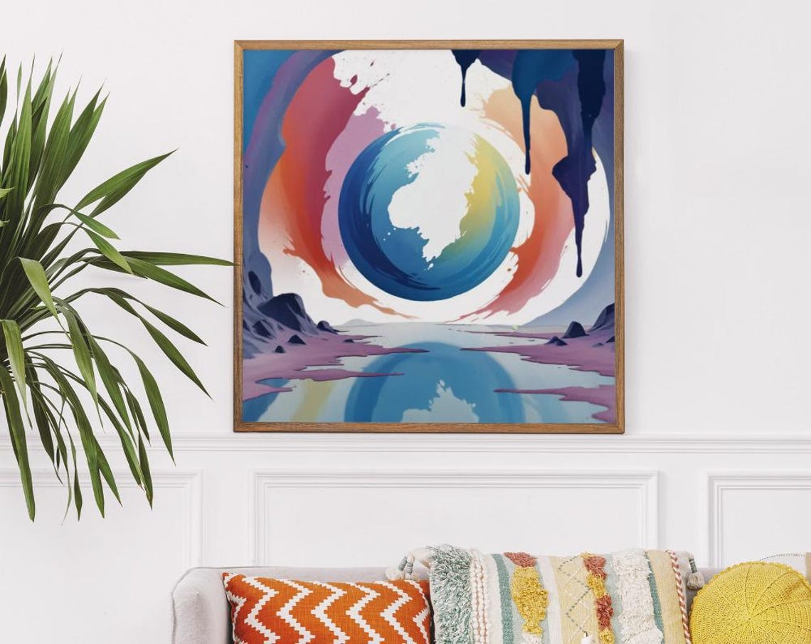 Melting Blue Planet Above A Cosmic Lake In Surreal Art Poster