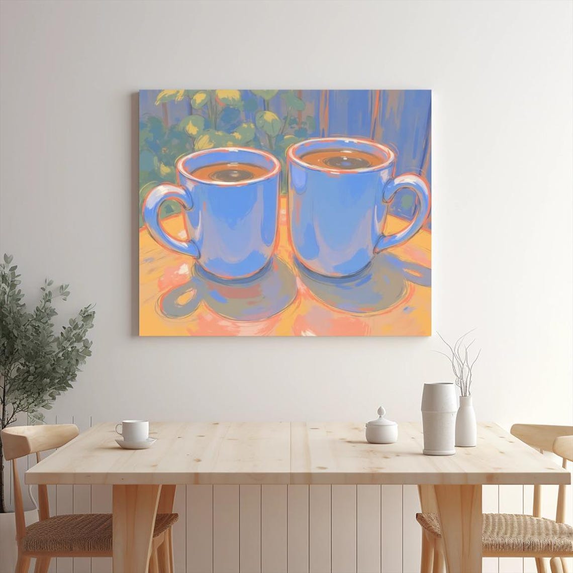 Two Blue Coffee Mugs Filled on Colorful Table Cozy Kitchen Art Poster
