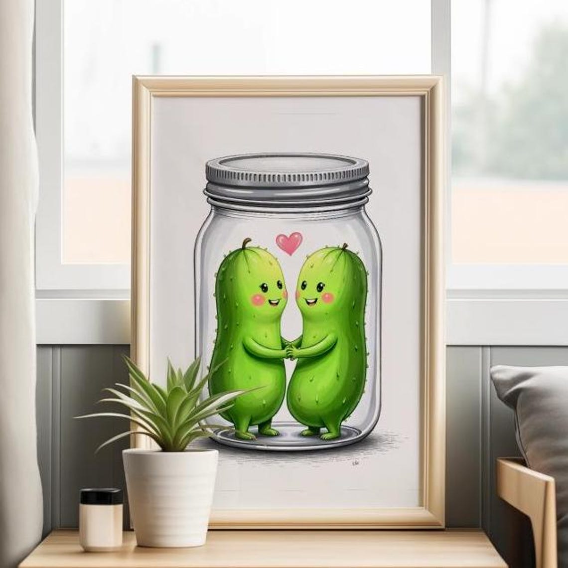 Cute Pickles in Love Holding Hands in a Glass Jar Valentine Poster